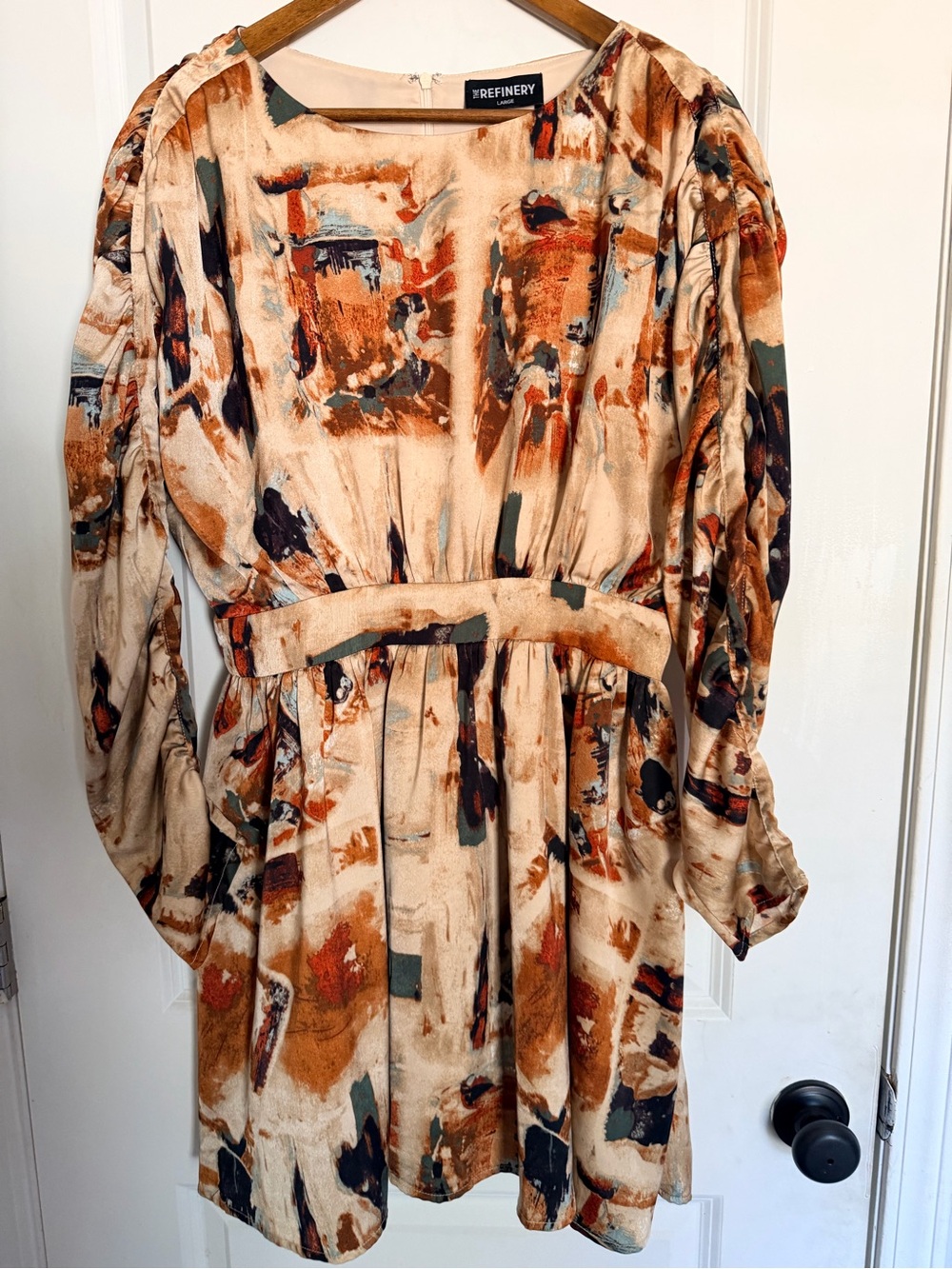 The Abstract Print Mini Dress in Cream and Rust